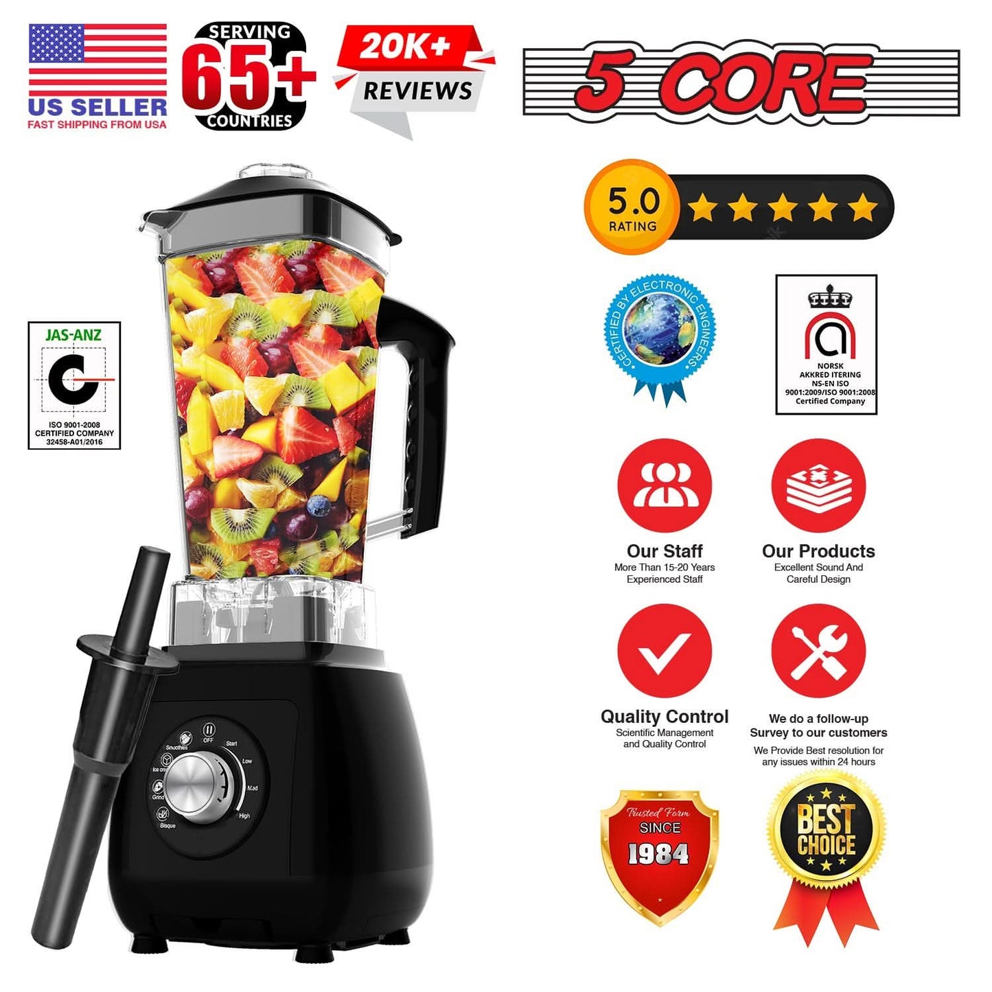 5Core Juicer Blender Machines 2000W Countertop Kitchen Smoothie Maker W 68Oz Jar